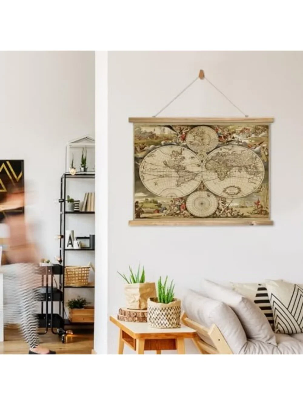 Vintage World Map Wall Art – 17th Century Linen Print with Wooden Hanger